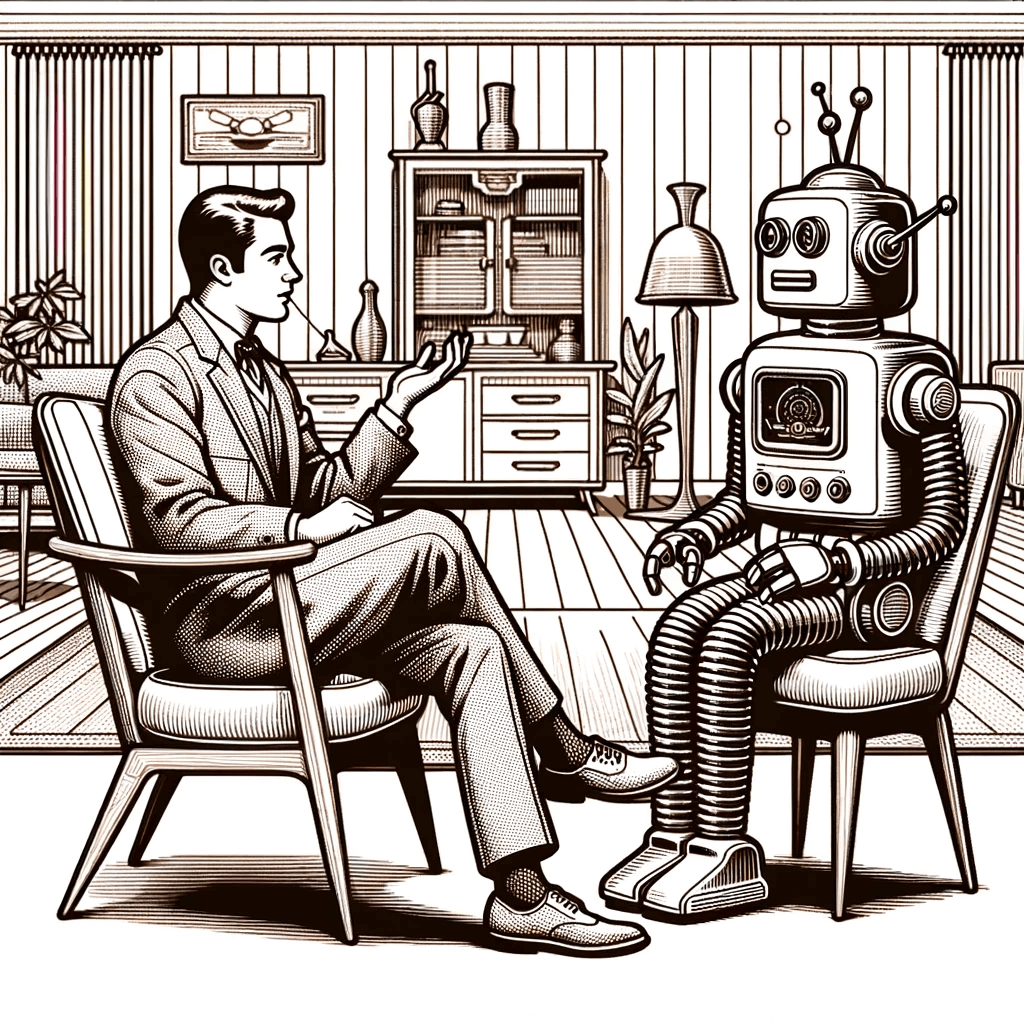 An illustration of a Robot and a Human having a conversation.