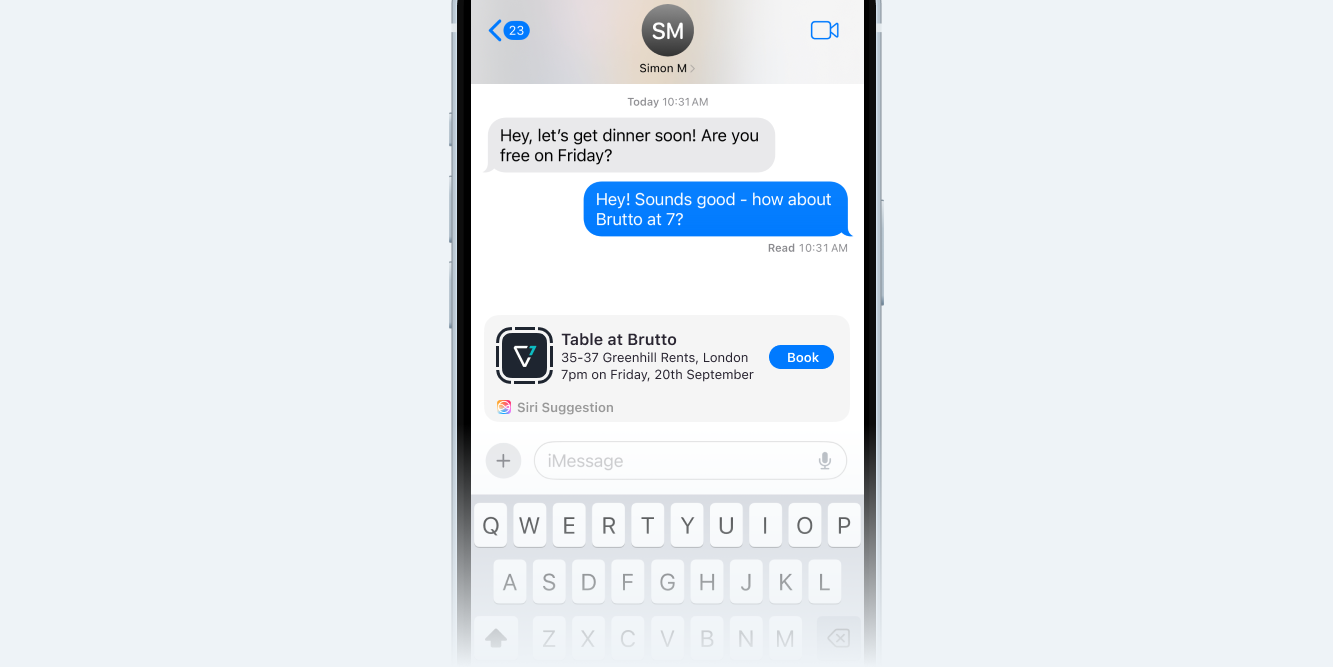 A Siri Suggestion to book a restaurant appears in a message thread.